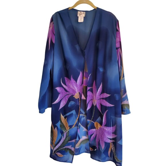Vintage 90s Midnight Velvet Navy Blue Purple Beaded Kimono Cover Up Cardigan - Picture 1 of 10